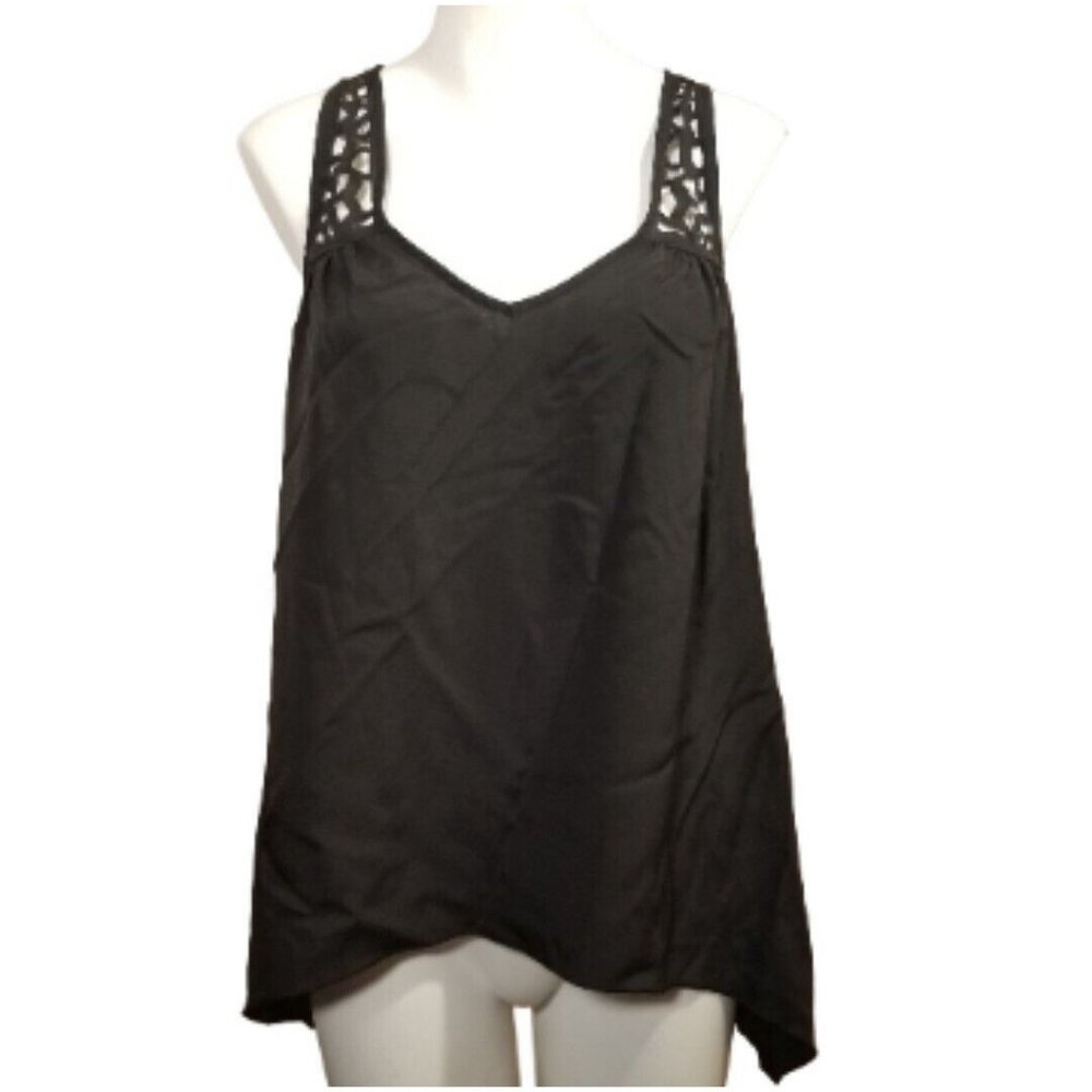 Material Girl Womens Tank Top Size L Black Laser Cut Out Scoop Neck New